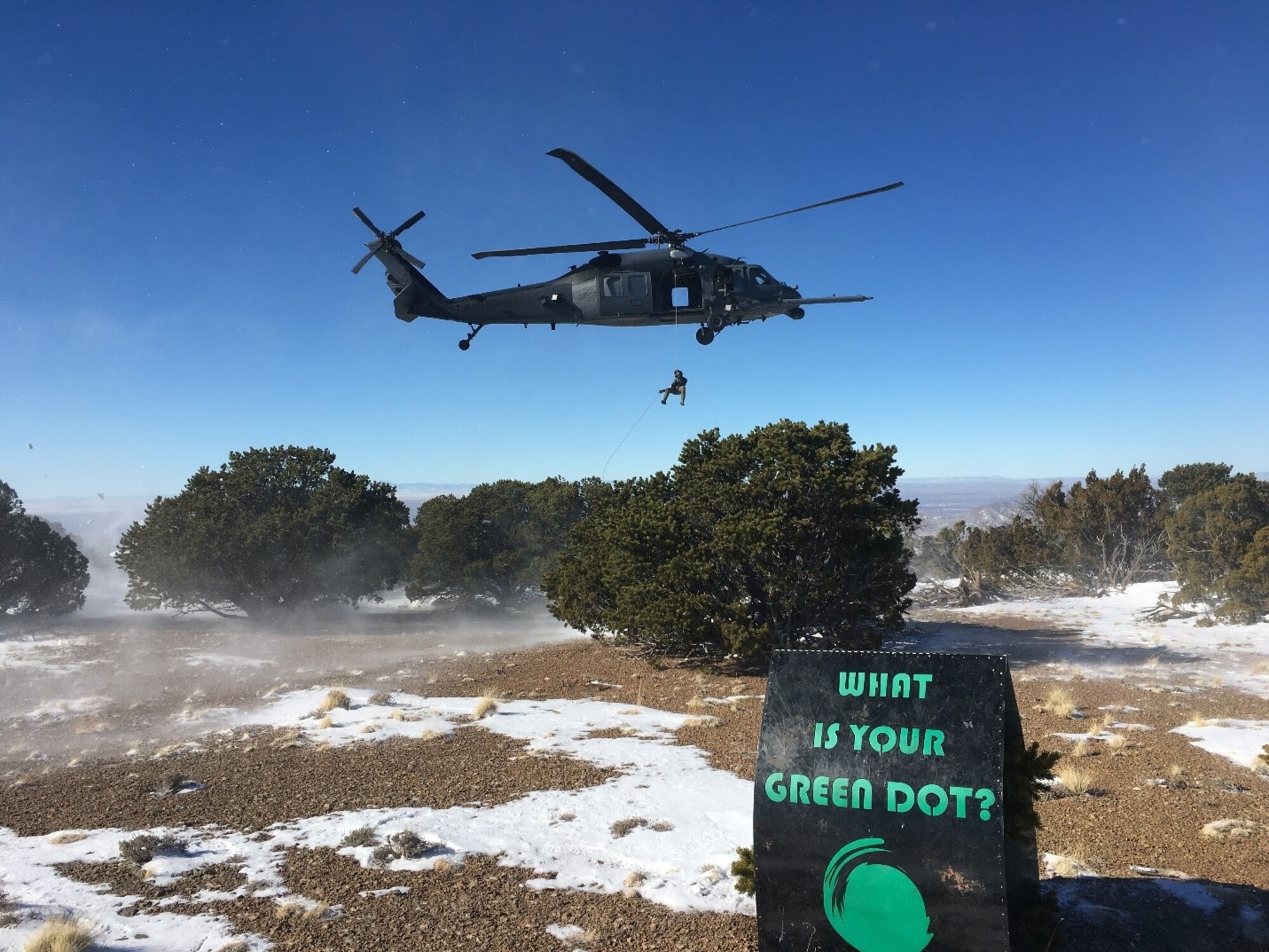 Members of the 512th Rescue Squadron do their part in both rescue operations and Green Dot procedures. A “green dot” represents an individual’s commitment to counteracting “red dots,” those moments when words, choices or actions lead to power-based personal violence, a form of violence which has as the primary motivator the assertion of power, control, or intimidation in order to harm another. This includes partner violence, sexual assault, stalking, other uses of force, threat, intimidation or harassment of an individual. (Courtesy Photo)