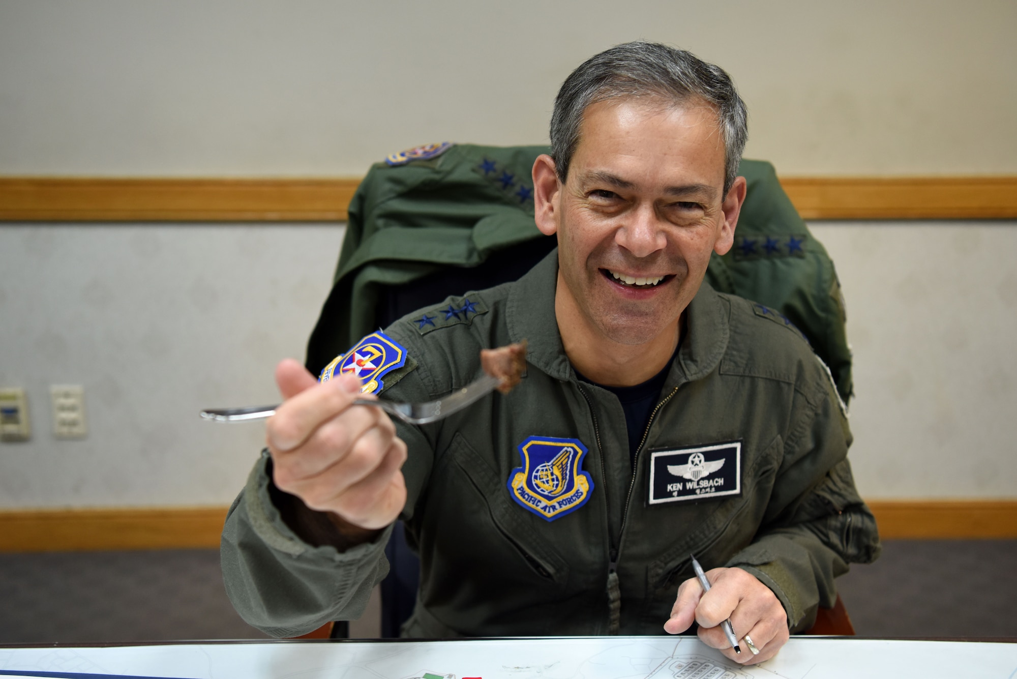 U.S. Air Force Lt. Gen. Kenneth Wilsbach, 7th AF commander, poses for a photo during an immersion tour at Osan Air Base, Republic of Korea, Jan. 11, 2019. Wilsbach was officially the first customer to eat at the 51st Force Support Squadron’s Par and Char BBQ restaurant. (U.S. Air Force photo by Senior Airman Kelsey Tucker)