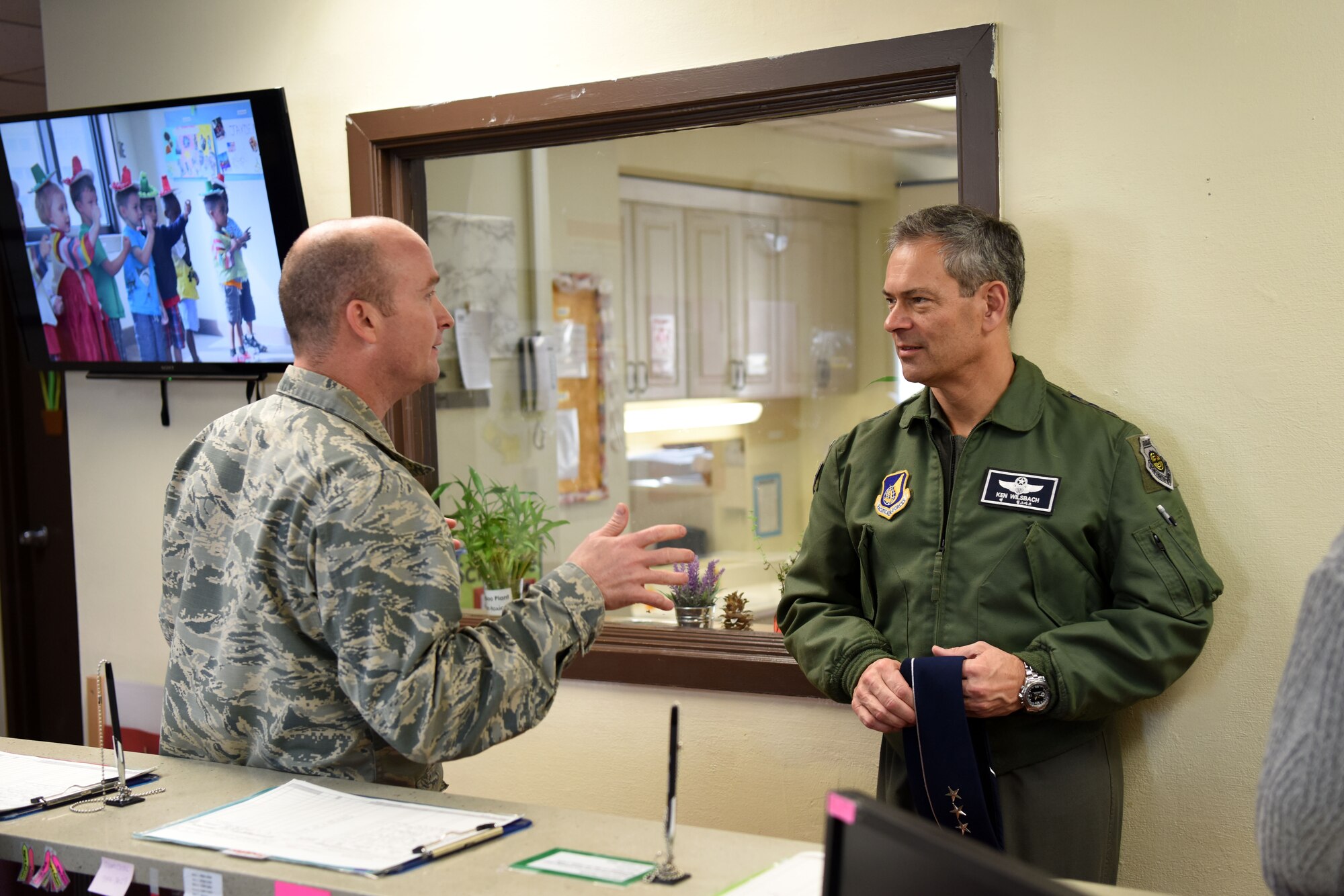 U.S. Air Force Lt. Gen. Kenneth Wilsbach, 7th AF commander, speaks with Lt. Col. Alan Condor, 51st Force Support Squadron commander, about the Osan Child Development Center at Osan Air Base, Republic of Korea, Jan. 11, 2019. Wilsbach toured the facility to learn about its functions and how the children of Team Osan are cared for. (U.S. Air Force photo by Senior Airman Kelsey Tucker)