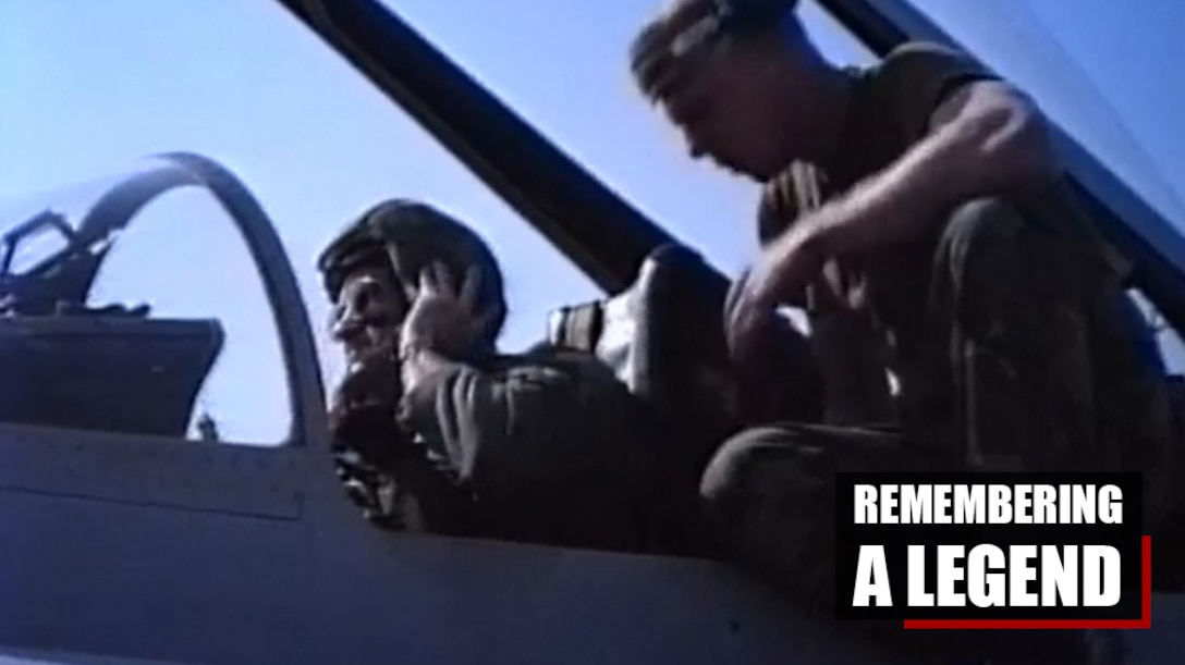 This photo provided by the Marine Corps shows Brig. Gen. William Forney, former 1st MAW commanding general from 1992 to 1994, preparing to take his last flight in an F/A-18 Hornet aircraft. Forney served 30 years in the Marine Corps and on Dec. 25, 2018, Forney passed away in Panama City, Florida at the age of 76.  His decorations include the Legion of Merit; Meritorious Service Medal with gold star; Navy Commendation Medal with Combat "V"; Air Medal with Numeral 8; and the Combat Action Ribbon.