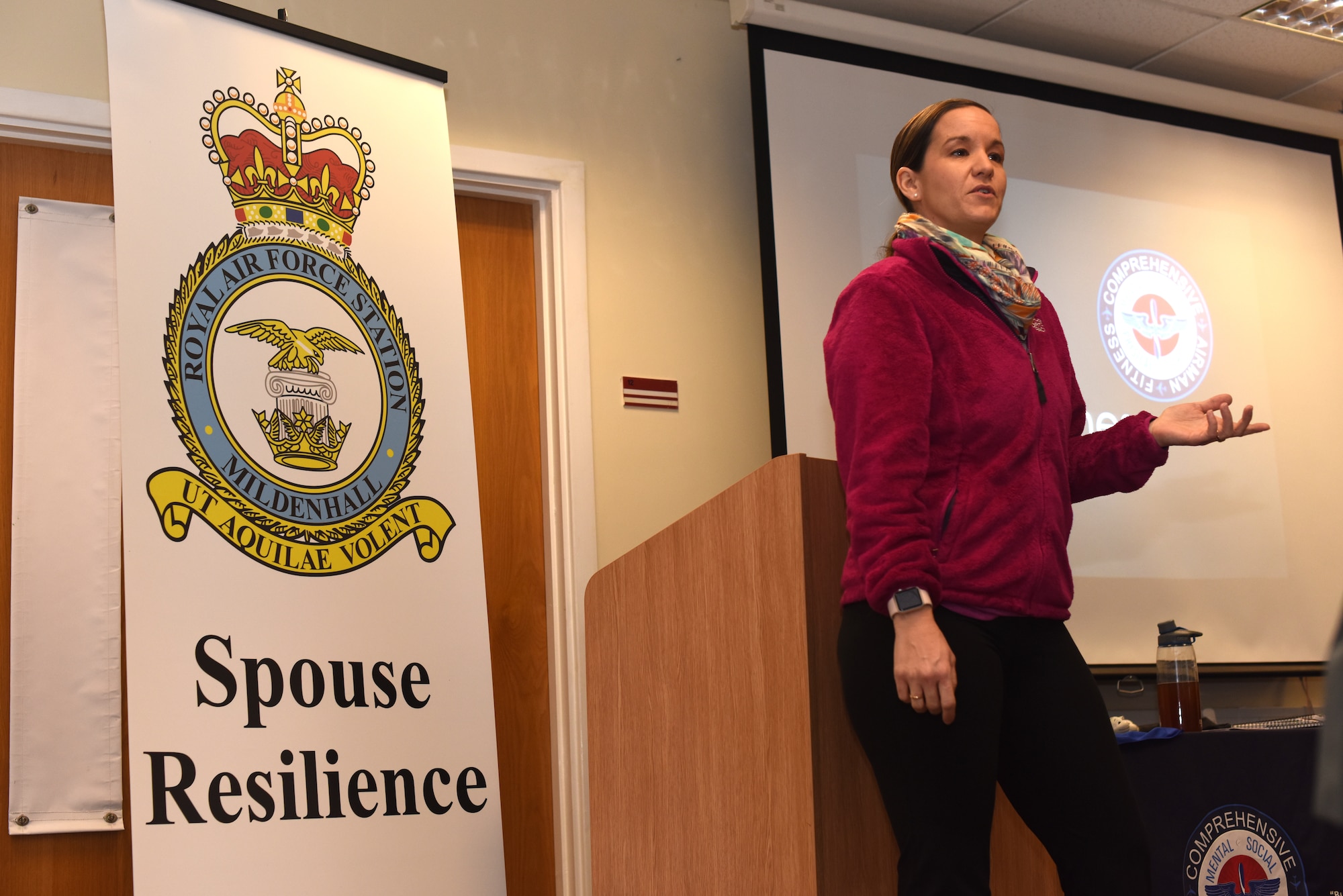 Stephanie Lindner, Master Resiliency Trainer, speaks during a Mindfulness presentation at RAF Mildenhall, England, Jan. 10, 2019. Lindner, Catarina Wyatt and Ryann Paul led the training with a discussion on mindfulness and resiliency and took Team Mildenhall spouses at a local yoga studio for a Restorative Yoga session. (U.S. Air Force photo by Airman 1st Class Brandon Esau)