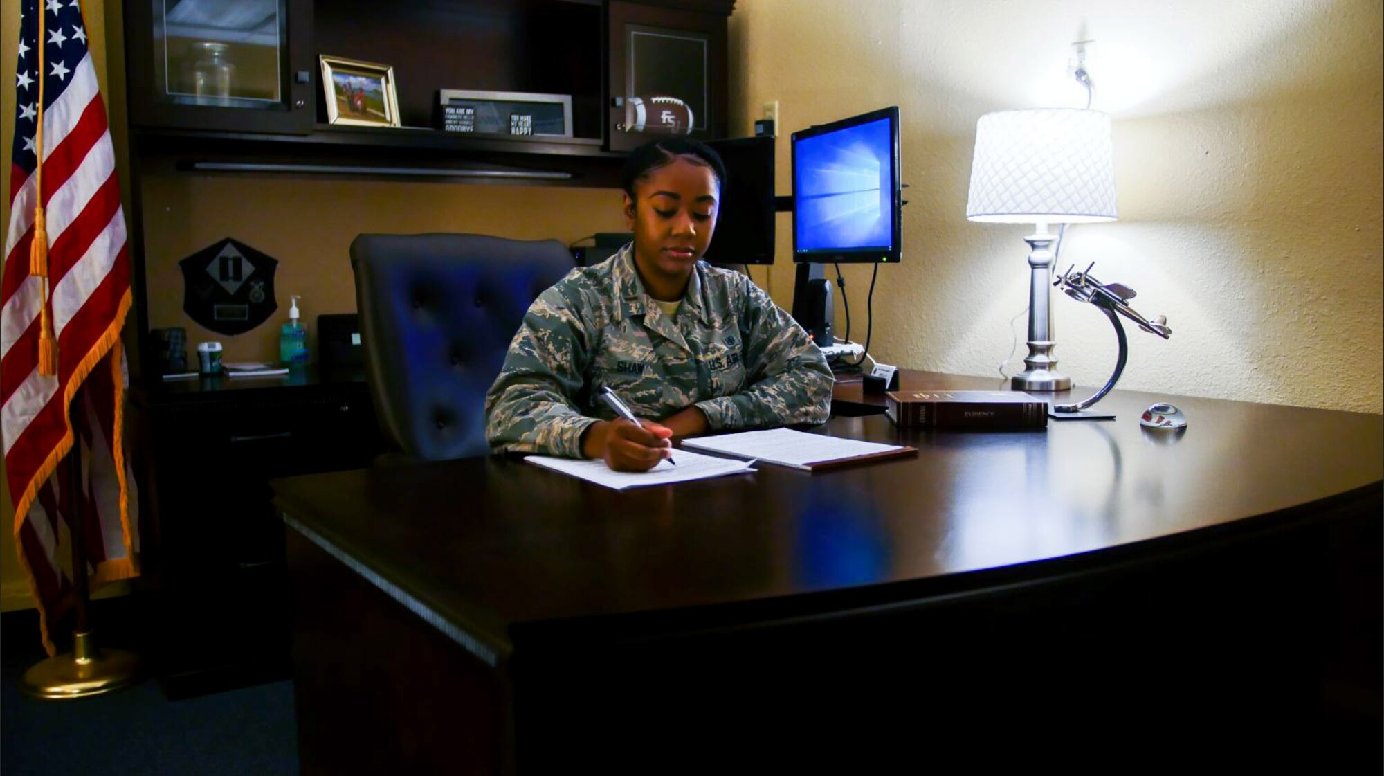 2nd Lt. Alexis Shaw, 315th Training Squadron student, worked as the acting defense paralegal with the Area Defense Counsel while on casual status. She first became interested in law back in high school when she participated in Teen Court. (U.S. Air Force photo by 1st Lt. Joshua Foley/Released)
