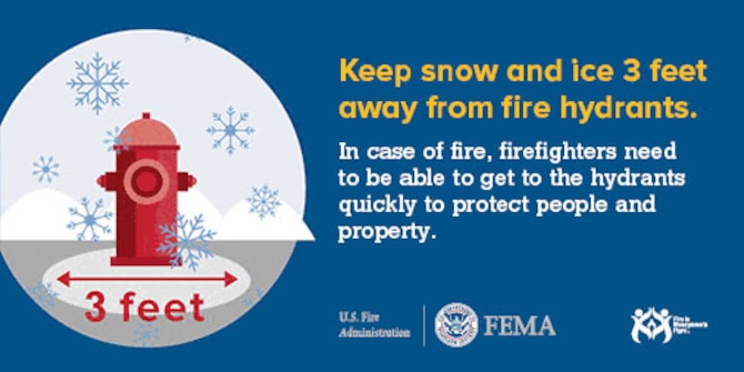 Keep snow and ice 3 feet away from fire hydrants. Firefighters need to be able to access the hydrants quickly in case of fire. (Courtesy photo from www.usfa.dema.gov)