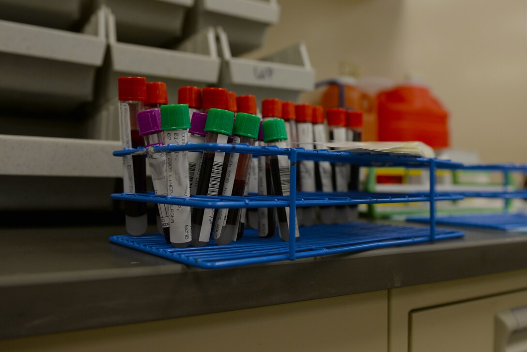 Vials of blood sit before being separated into hemoglobin and plasma at the 28th Medical Group laboratory at Ellsworth Air Force Base, S.D., Dec. 4, 2018. For some tests, only the plasma of a patient is need and for others, the whole blood sample is required. (U.S. Air Force photo by Airman 1st Class Nicolas Z. Erwin)