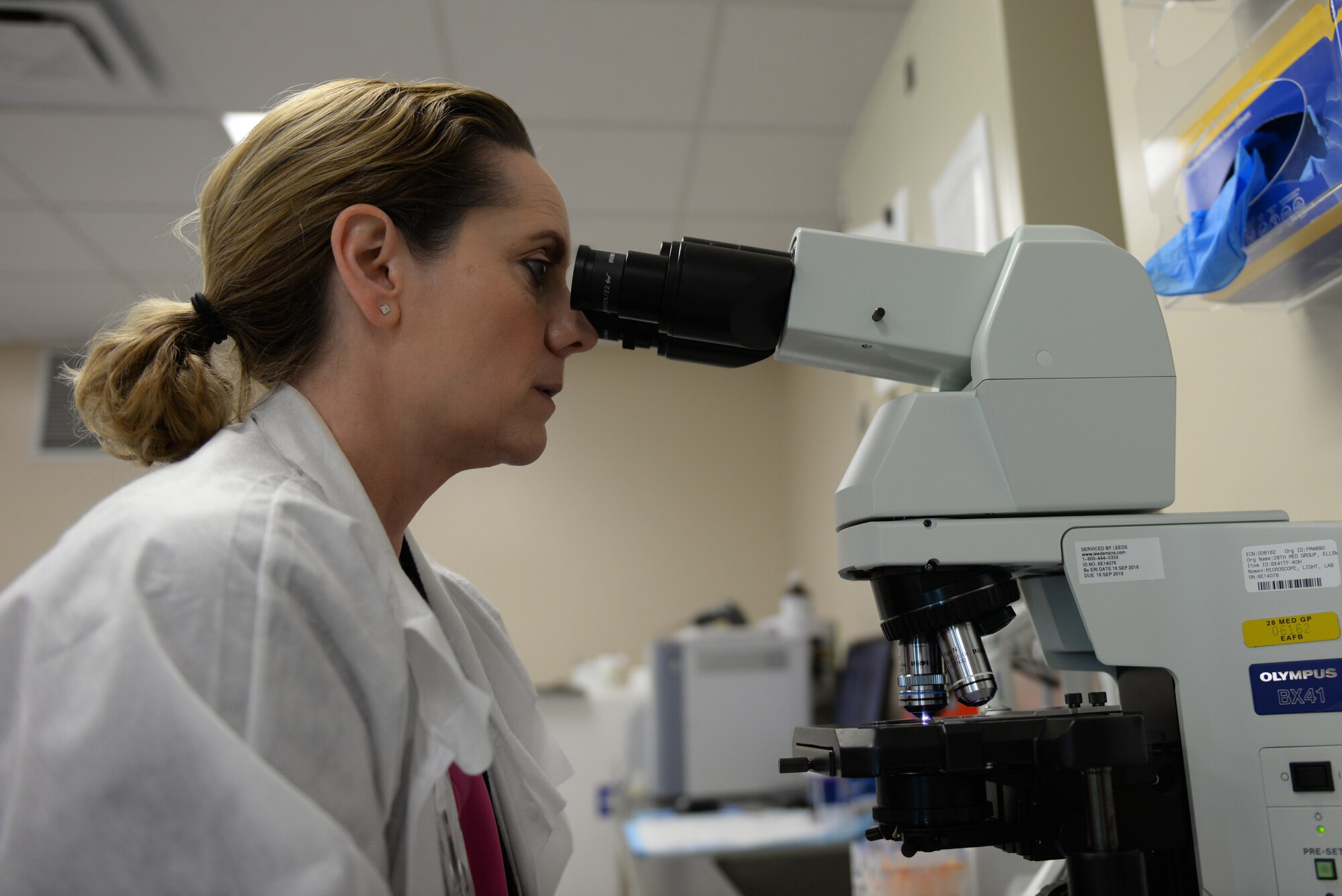 Patti James, a 28th Medical Support Squadron medical laboratory technologist, examines a blood sample at Ellsworth Air Force Base, S.D., Dec. 4, 2018. Before a blood sample can be examined, it must be stained to highlight specific portions of the sample. (U.S. Air Force photo by Airman 1st Class Nicolas Z. Erwin)