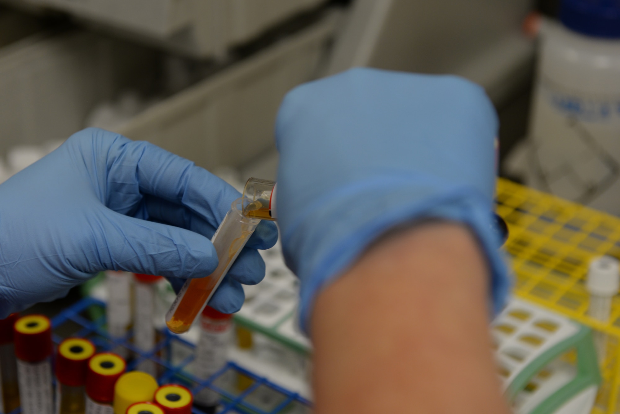 Patti James, a 28th Medical Support Squadron medical laboratory technologist, pours a plasma sample into a vial at Ellsworth Air Force Base, S.D., Dec. 4, 2018. The 28th Medical Group lab mails different medical samples to other military bases and civilian laboratories around the United States for in-depth analysis. (U.S. Air Force photo by Airman 1st Class Nicolas Z. Erwin)