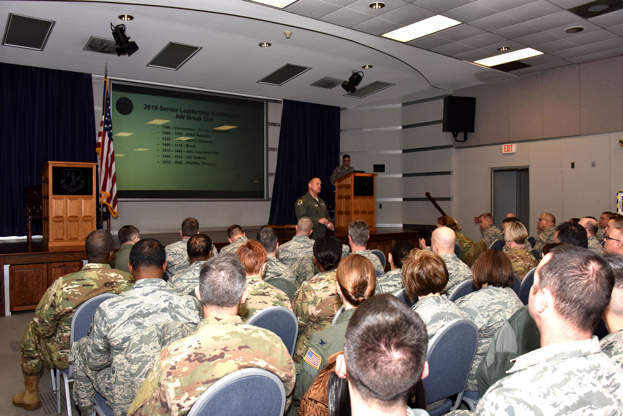 U.S. Air National Guard Col Lynn K Robinson, Jr., 166th AW commander addresses senior leaders, both officer and enlisted during a breakout session at New Castle Air National Guard Base, Del., Jan. 12, 2019. During the Delaware Air National Guard break out session, 166th AW leadership discussed the importance of communication, providing opportunities to both officer and enlisted personnel, improving processes for current and future Airmen and building leaders. (U.S. Air National Guard Photo by Staff Sgt. Shawn Lowe)