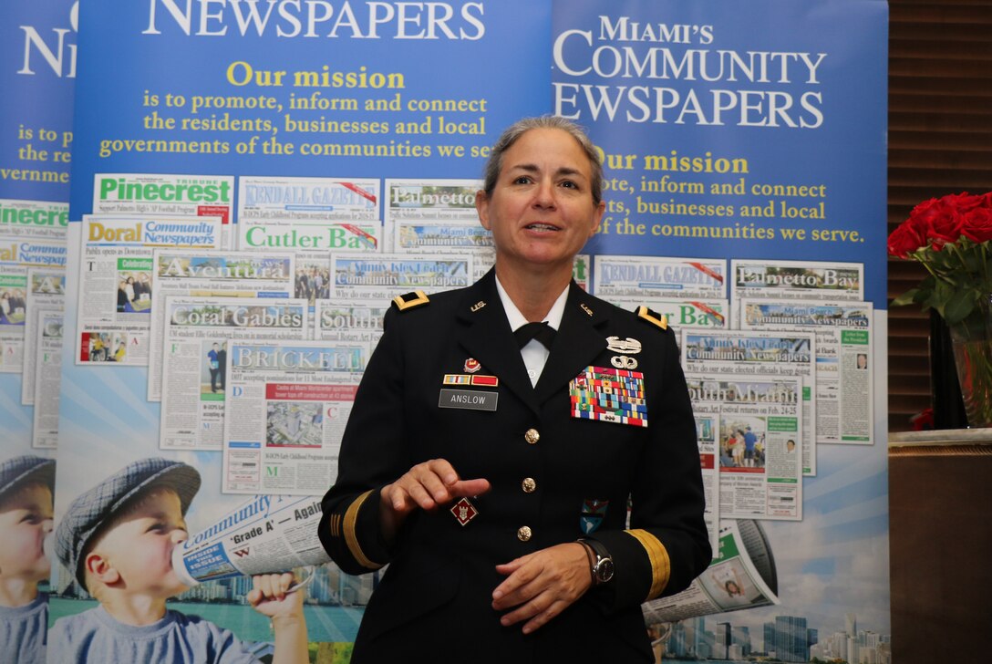 U.S. Army Maj. Gen. Patricia Anslow, Chief of Staff at U.S. Southern Command (SOUTHCOM), speaks to more than 50 business and civic leaders January 14 during a luncheon hosted by Miami’s Community Newspapers in Pinecrest, Fla.