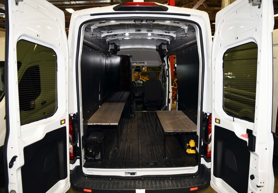 The bread trucks, now insulated for warmth, provide technicians with transportation at Ellsworth Air Force Base, S.D., Jan. 3, 2019. Two of the five trucks have insulation installed, now only requiring the tool cages and benches. (U.S. Air Force photo by Senior Airman Donald C. Knechtel)