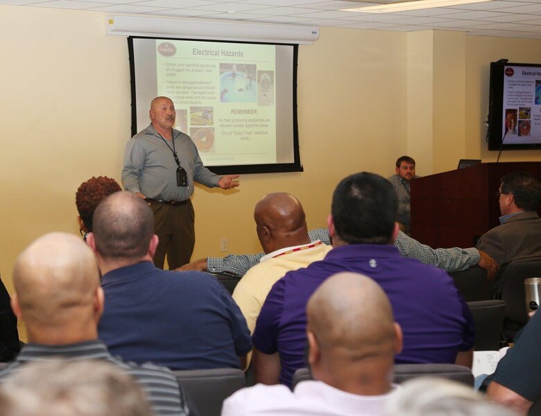 Eric Pittman, headquarters safety manager, Environmental Health and Safety, Marine Corps Logistics Command, briefs Logistics Services Management Center civilian-Marines how to avoid electrical hazards during the annual Back in the Saddle training, Jan. 7.