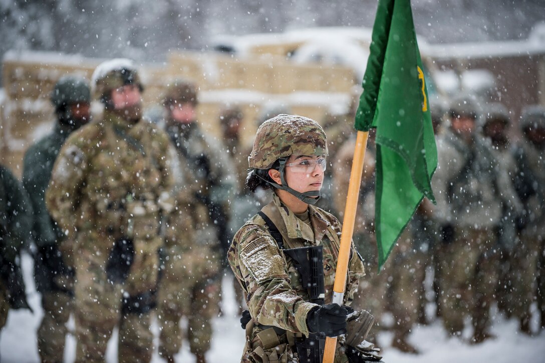 A soldier stands in the snow holding a flag with a group of soldiers behind her.