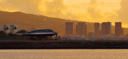 A U.S. Air Force B-2 Spirit bomber deployed from Whiteman Air Force Base, Missouri, prepares to take off from Joint Base Pearl Harbor-Hickam, Hawaii, Jan. 14, 2019.