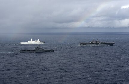EAST CHINA SEA (Jan. 12, 2019) – The amphibious transport dock ship USS Green Bay (LPD 20) Japan Maritime Self-Defense Force amphibious transport dock ship JS Kunisaki (LST 4003), and amphibious assault ship USS Wasp (LHD 1) transit in formation during a cooperative deployment. Wasp, flagship of Wasp Amphibious Ready Group, is operating in the Indo-Pacific region to enhance interoperability with partners and serve as a ready-response force for any type of contingency