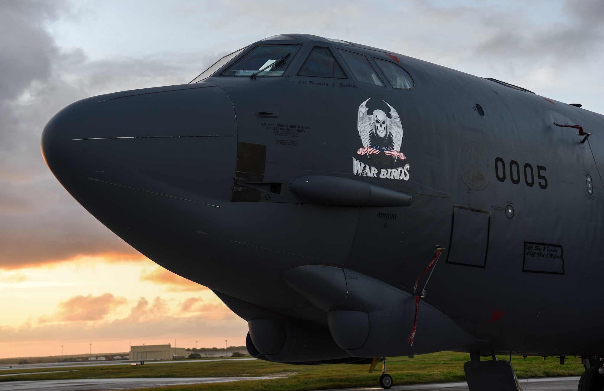 A B-52 Stratofortress bomber from the 5th Bomb Wing at Minot Air Force Base (AFB), North Dakota, sits on the flightline at Andersen AFB, Guam, Jan. 15, 2019.
