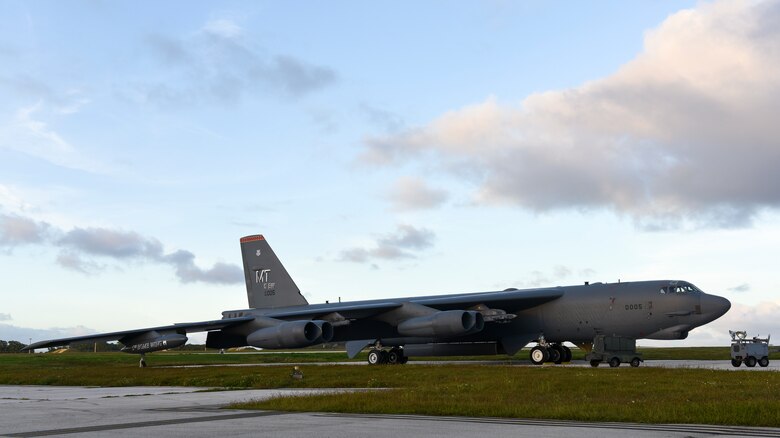 A B-52 Stratofortress bomber from the 5th Bomb Wing at Minot Air Force Base (AFB), North Dakota, sits on the flightline at Andersen AFB, Guam, Jan. 15, 2019.