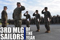 Petty Officer 1st Class Jackson Dehn (center), Petty Officer 2nd Class Deika Valerio and Seaman Rock Ignacio (far right) salute Brig. Gen. Keith D. Reventlow, the commanding general of 3rd Marine Logistics Group, during an awards ceremony Jan. 15 at Camp Foster, Okinawa, Japan. The three hospital corpsmen with 3rd Medical Battalion, 3rd Marine Logistics Group, received a Navy and Marine Corps Achievement Medal from Reventlow, after winning Senior Sailor of the Year for 3rd MLG. Each year, enlisted sailors across III Marine Expeditionary Force compete at the battalion, regimental and major subordinate command levels for Senior Sailor, Sailor and Blue Jacket of the Year, respectively. (U.S. Marine Corps photo by Sgt. Tiffany Edwards)