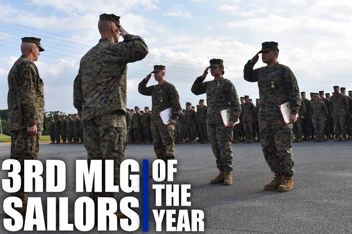 Petty Officer 1st Class Jackson Dehn (center), Petty Officer 2nd Class Deika Valerio and Seaman Rock Ignacio (far right) salute Brig. Gen. Keith D. Reventlow, the commanding general of 3rd Marine Logistics Group, during an awards ceremony Jan. 15 at Camp Foster, Okinawa, Japan. The three hospital corpsmen with 3rd Medical Battalion, 3rd Marine Logistics Group, received a Navy and Marine Corps Achievement Medal from Reventlow, after winning Senior Sailor of the Year for 3rd MLG. Each year, enlisted sailors across III Marine Expeditionary Force compete at the battalion, regimental and major subordinate command levels for Senior Sailor, Sailor and Blue Jacket of the Year, respectively. (U.S. Marine Corps photo by Sgt. Tiffany Edwards)