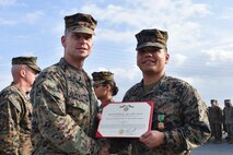 Seaman Rock Ignacio, a hospital corpsman with 3rd Medical Battalion, 3rd Marine Logistics Group, receives a Navy and Marine Corps Achievement Medal from Brig. Gen. Keith D. Reventlow, commanding general of 3rd MLG, Jan 15, 2019 at Camp Foster, Okinawa, Japan. Ignacio was recognized by Reventlow after winning Blue Jacket of the Year for 3rd MLG. Each year, enlisted sailors across III Marine Expeditionary Force compete at the battalion, regimental and major subordinate command levels for Blue Jacket, Sailor and Senior Sailor of the Year. Ignacio is a native of Dededo, Guam. (U.S. Marine Corps photo by Sgt. Tiffany Edwards)