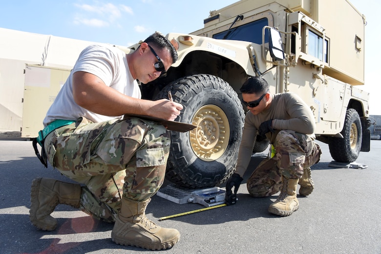 44th Aerial Port Squadron Reservists Staff Sgt. Jonathan Chaco, 380th Expeditionary Logistics Readiness Squadron joint inspector/special handler, records the weight and center mass of a vehicle while Staff Sgt. Stephen Evaristo, 380th ELRS ramp operations specialist, get the length of the front bumper to the first axle, Dec. 24, 2018 at Al Dhafra Air Base, United Arab Emirates.