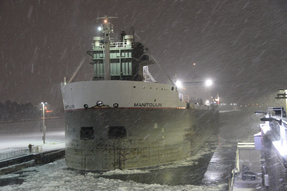 The last vessel to traverse through the Soo Locks for the 2018-2019 shipping season was Motor Vessel Manitoulin.