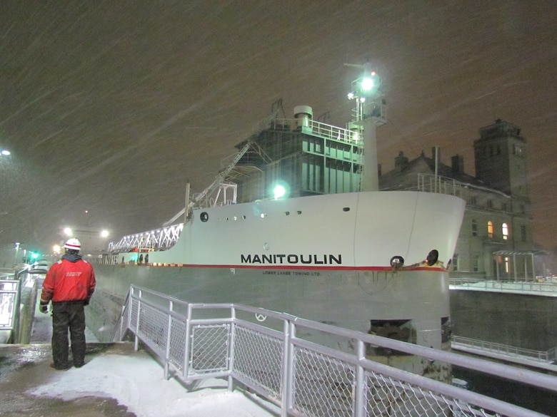 The last vessel to traverse through the Soo Locks for the 2018-2019 shipping season was Motor Vessel Manitoulin.