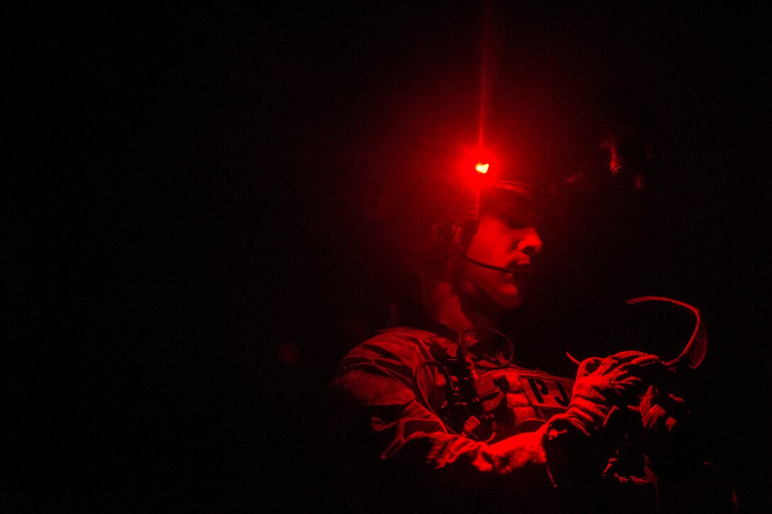 A pararescueman from the 38th Rescue Squadron cleans his eye protection after participating in a simulated personnel recovery scenario during a pre-deployment ‘spin-up’ exercise, Dec. 15, 2018, at Avon Park Air Force Range, Fla. During this pre-deployment ‘spin-up’ training, Moody’s 347th Rescue Group tested and maximized their combat search and rescue (CSAR) and personnel recovery capabilities. Under normal circumstances, the HH-60G Pave Hawk helicopter crews and maintainers deploy from Moody and integrate with Guardian Angel teams from different bases. This time, Moody’s 38th RQS and 41st RQS’s will deploy together and utilized this exercise to improve their mission readiness and cohesion before their departure. (U.S. Air Force photo by Senior Airman Greg Nash)