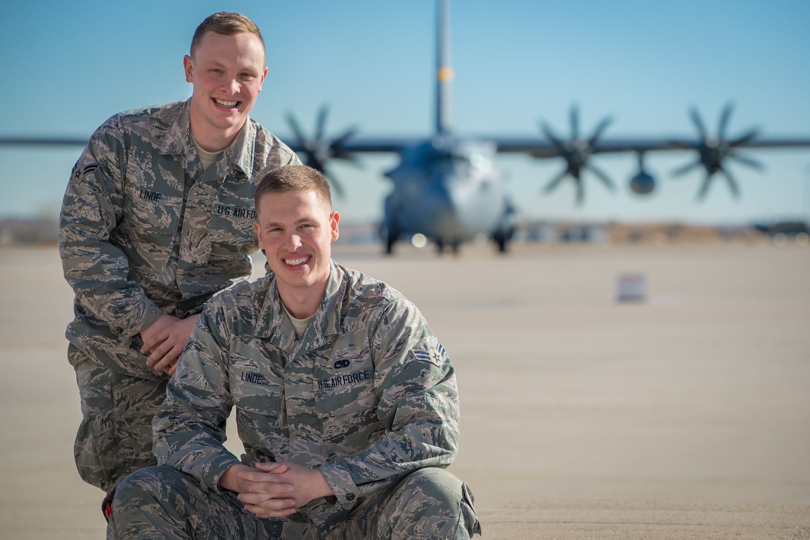 Airmen 1st Class and brothers Christian, left, and Harrison Linde are both crew chiefs in the Wyoming Air National Guard's 153rd Airlift Wing. The brothers went through basic and advanced training together.