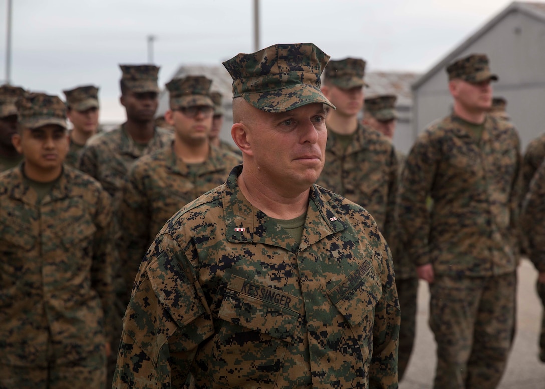U.S. Marine Corps Chief Warrant Officer Matthew Kessinger, personnel officer of 6th Marine Corps District, stands at the position of attention during his promotion to chief warrant officer five aboard Marine Corps Recruit Depot Parris Island, South Carolina, Dec. 19, 2018. Kessinger, a native of Louisville, Kentucky, has currently served 28 years in the Marine Corps. (U.S. Marine Corps photo by Lance Cpl. Jack A. E. Rigsby)