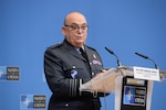 British Royal Air Force Air Chief Marshal Stuart Peach, chairman of the NATO Military Committee, addresses NATO chiefs of defense in Brussels following a meeting of the committee.