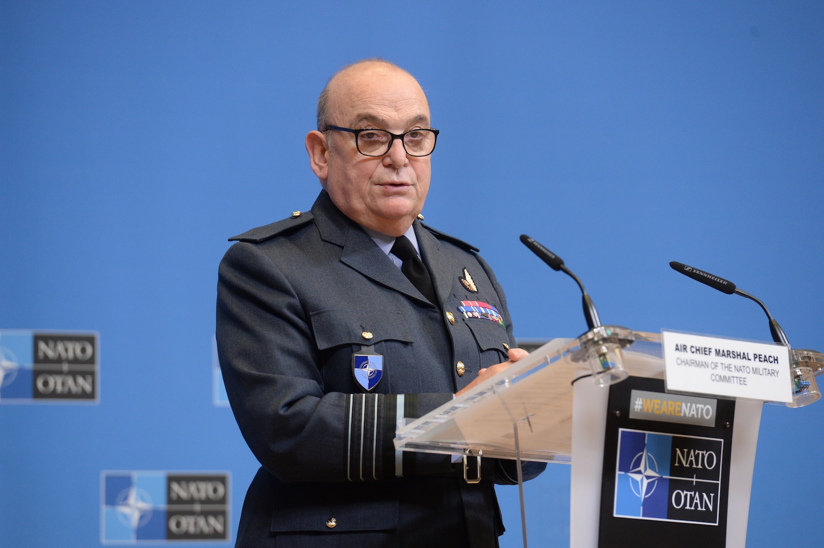 British Royal Air Force Air Chief Marshal Stuart Peach, chairman of the NATO Military Committee, addresses NATO chiefs of defense in Brussels following a meeting of the committee.