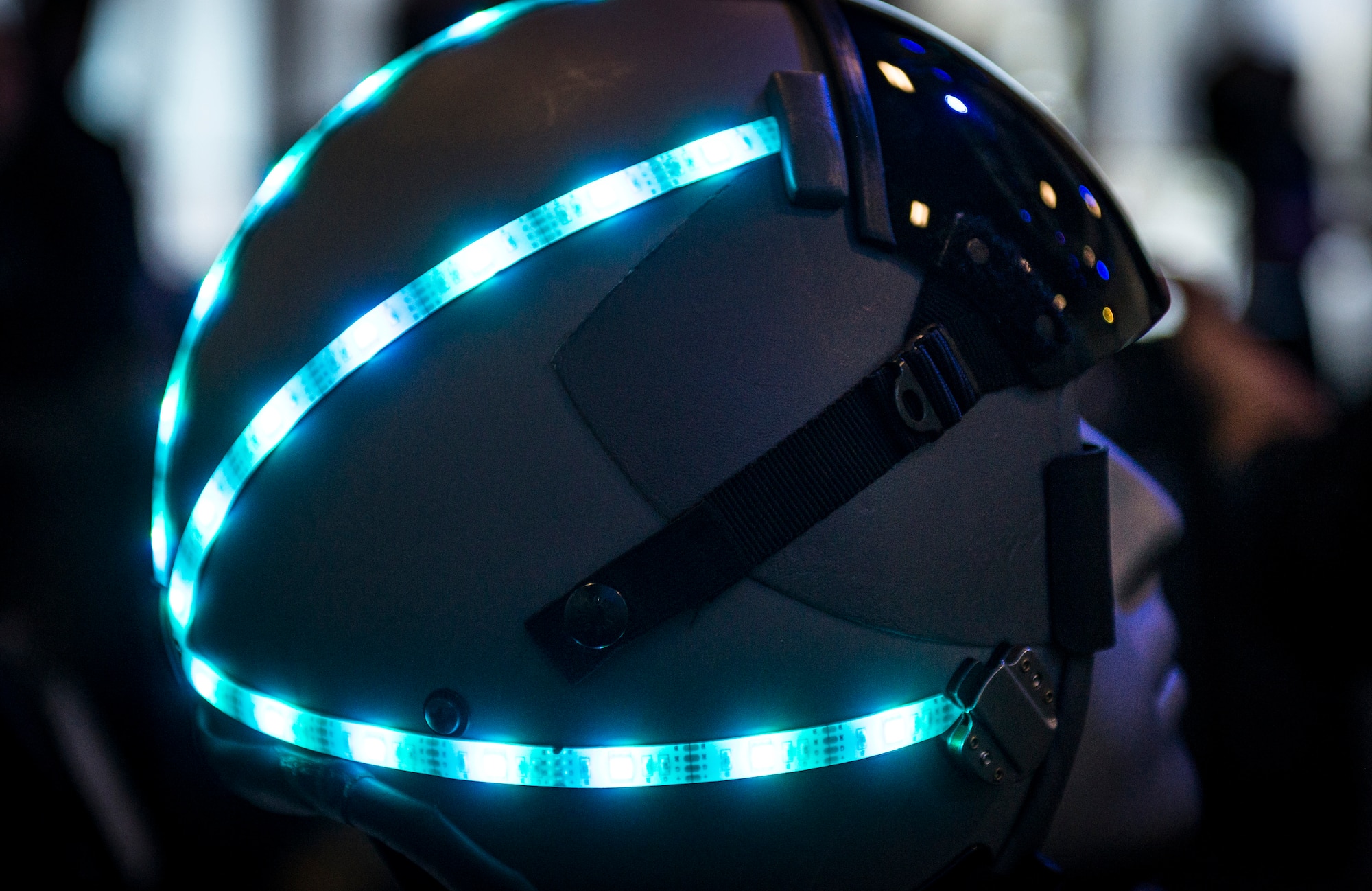 A helmet sits turned on at a booth during AFWERX Helmet Challenge at the Enclave Las Vegas, Nev., November 14, 2018. The purpose of AFWERX Las Vegas is to solve problems for the Air Force by getting entrepreneurs and innovators to come together to brain storm ideas. (U.S. Air Force photo by Airman 1st Class Bryan T. Guthrie)
