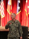 Adm. Craig S. Faller, commander of U.S. Southern Command, speaks to the U.S. Army South personnel during a town hall at Joint Base San Antonio-Fort Sam Houston Jan. 10.