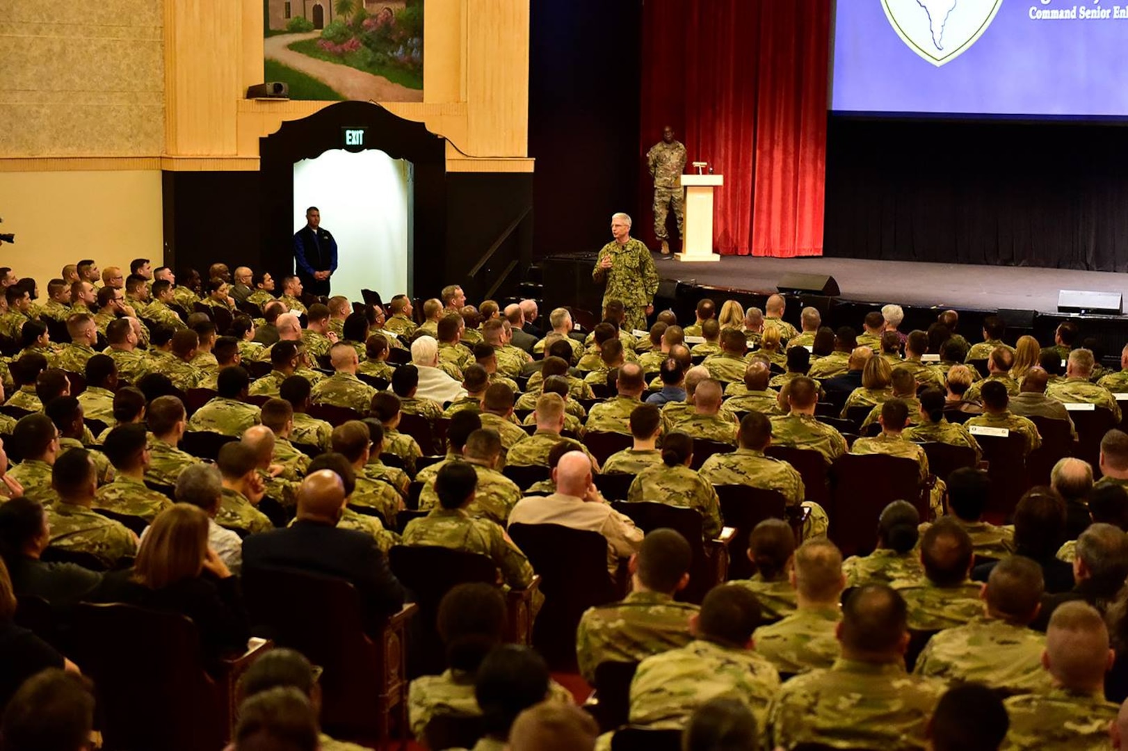 Adm. Craig S. Faller, commander of U.S. Southern Command, speaks to U.S. Army South personnel during a town hall at Joint Base San Antonio-Fort Sam Houston Jan. 10.