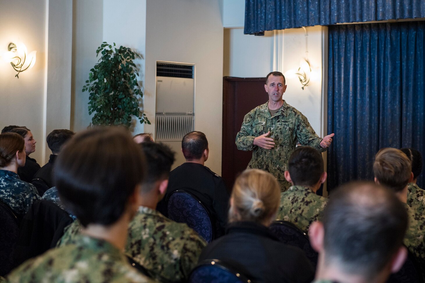 Chief of Naval Operations (CNO) Adm. John Richardson speaks with junior officers about current and future operations in 7th Fleet area of responsibility inside the Chief Petty Officer (CPO) Club at Commander, Fleet Activities Yokosuka (CFAY). CFAY provides, maintains, and operates base facilities and services in support of the U.S. 7th Fleet’s forward-deployed naval forces, 71 tenant command, and more than 27,000 military and civilian personnel.