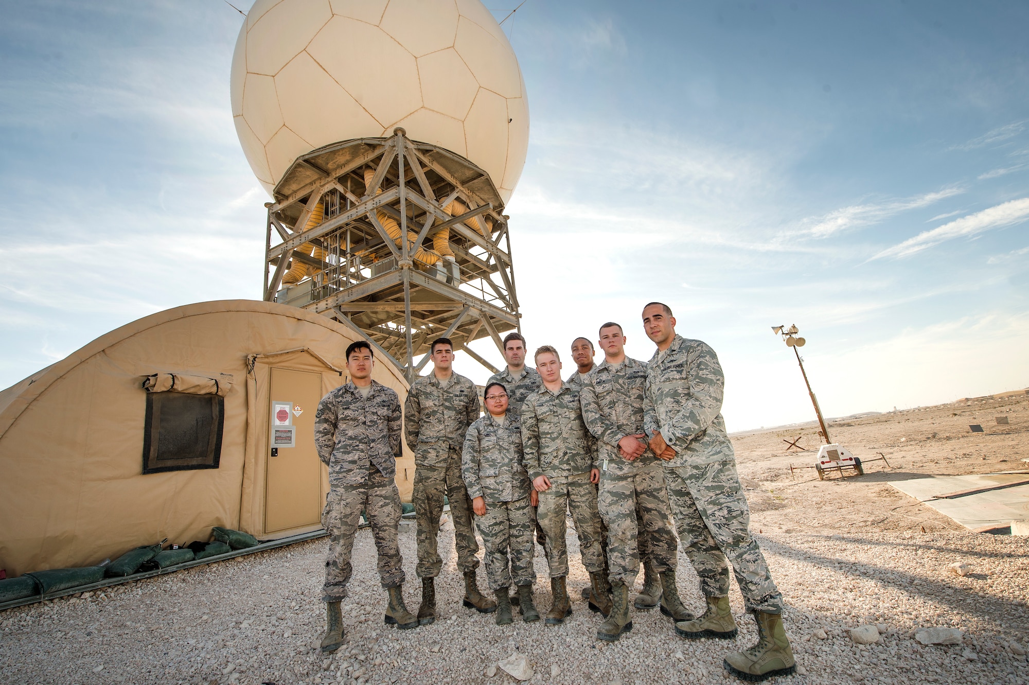 Airmen assigned to Detachment 3 of the 727th Expeditionary Air Control Squadron (EACS), stand in front of a transportable radar system (TPS-75) Jan. 14, 2019, at Al Udeid Air Base, Qatar. The 727th EACS consists of a team of 23 Airmen from seven different Air Force Specialty Codes. Together, they ensure TPS-75 radar systems are prepared to identify any aircraft within a 240 nautical mile range of Al Udeid. (U.S. Air Force Tech. Sgt. Christopher Hubenthal)