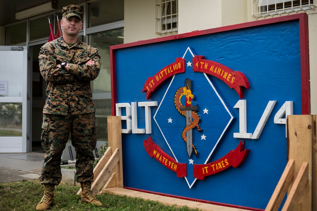 United States Marine Corps 1st Lt. Sterling Elliot, the Operations Officer with 1st Battalion, 4th Marine Regiment, pictured here aboard Marine Corps Base Camp Hansen in Okinawa, Japan, was one of seven Marines who acted quickly to save an U.S. Airman’s life following a recent motorcycle accident Dec. 31, 2018.  Elliot, a native of Katy, Texas, stayed with the injured airman providing body support stabilization, he also flew back with the injured airman on the helicopter to the U.S. Naval Hospital Okinawa as an escort.