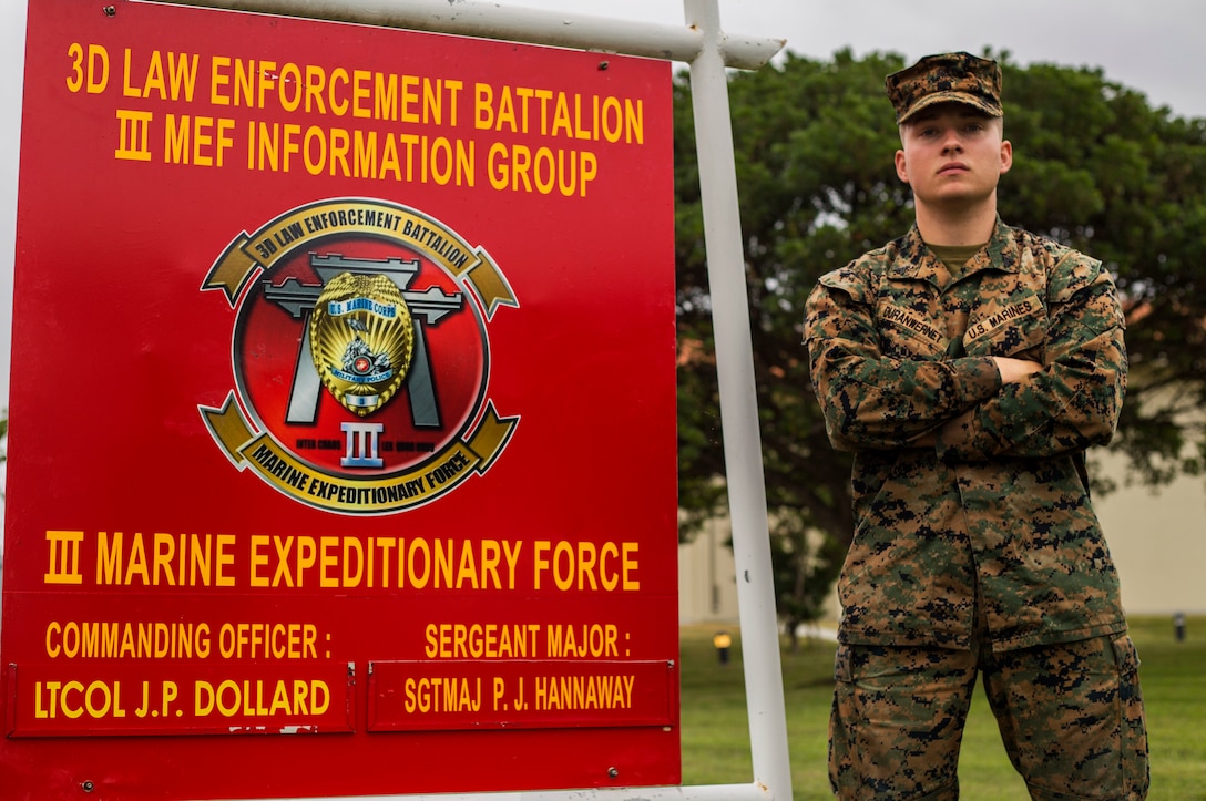 United States Marine Corps Cpl. Devan Duranwernet, a training non-commissioned officer with 3rd Law Enforcement Battalion pictured here aboard Marine Corps Base Camp Hansen in Okinawa, Japan, was one of seven Marines who acted quickly to save an U.S. Airman’s life following a recent motorcycle accident Dec. 31, 2018.  Duranwert, a native of Charleston, S.C., started to support the injured airman's body by stabilizing their head to ensure they didn't move from being in major shock.