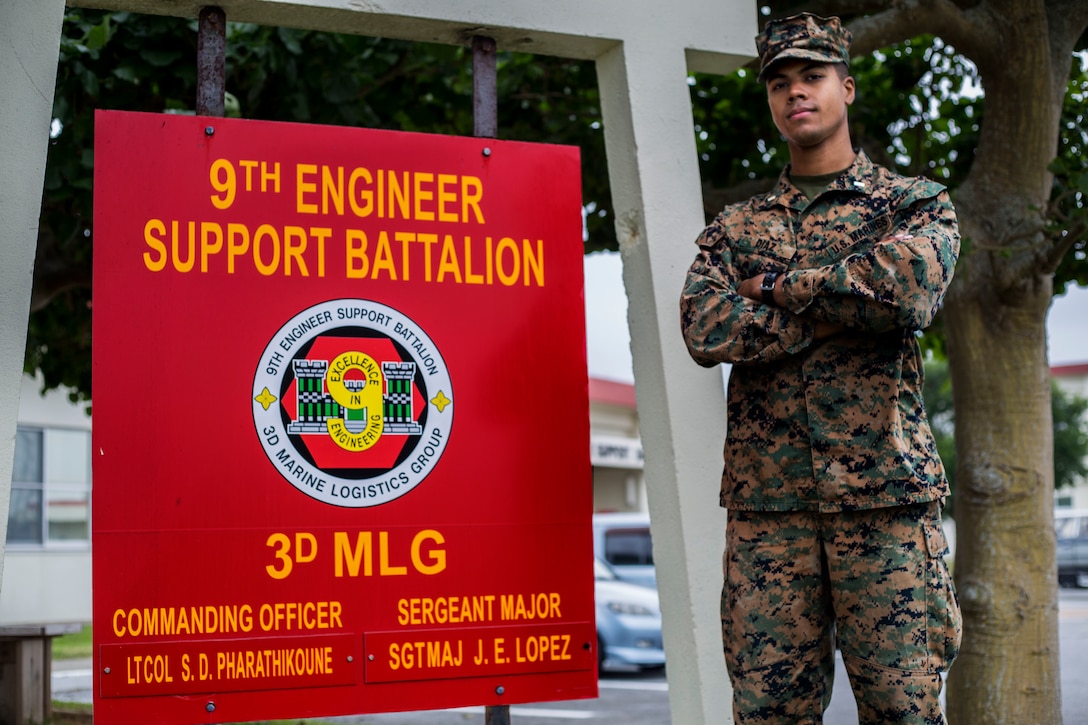 United States Marine Corps 1st Lt. Jose Diaz, the motor transportation platoon commander with 9th Engineer Support Battalion, pictured here aboard Marine Corps Base Camp Hansen in Okinawa, Japan, was one of seven Marines who acted quickly to save a U.S. Airman’s life following a recent motorcycle accident Dec. 31, 2018. Diaz, a native of Orlando, Fla., ran to the neighboring areas to find large pieces of wood to create splints to support the airman's broken bones and started cutting off the layers of the injured airman clothes to see all the wounds.