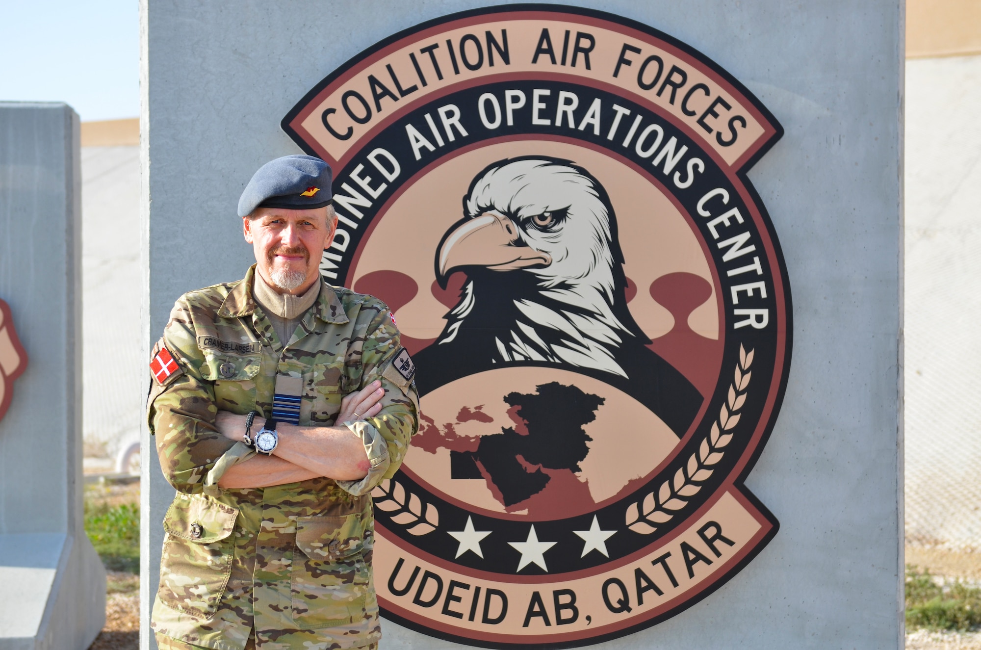Royal Danish Air Force Lt. Col. Lars Cramer-Larsen, RDAF chief coalition strategist, stands outside the Combined Air Operations Center at Al Udeid Air Base, Qatar, Jan. 16, 2019. As a military analyst and Middle East specialist, Cramer-Larsen speaks regularly to, and is often cited by, the Danish media about the Syrian civil war. (U.S. Air Force Photo by Senior Airman Travis Beihl)