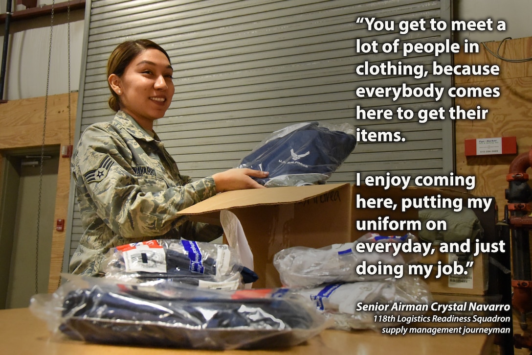 U.S. Air Force Senior Airman Crystal Navarro, a supply management journeyman with the 118th Logistics Readiness Squadron, Tennessee Air National Guard, unpacks a box of physical training uniforms on Dec. 27, 2018 at Berry Field Air National Guard Base, Nashville, Tennessee.