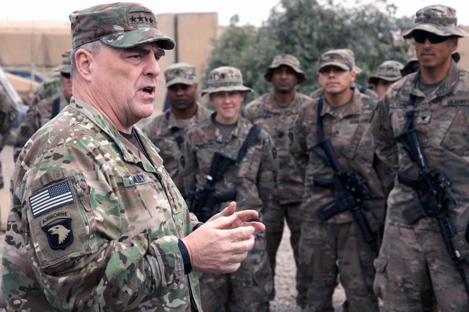 Chief of Staff of the Army Gen. Mark A. Milley speaks to Soldiers at Qayyarah Airfield West, Iraq, on Dec. 22, 2017. While there has been recent progress in readiness, Milley said that it still remains the Army's top priority.