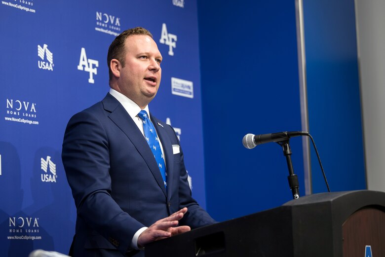 U.S. Air Force Academy Superintendent Lt. Gen. Jay Silveria introduced Nathan Pine Jan. 17 as the Academy's new director of athletics. (U.S. Air Force photo/Trevor Cokley)