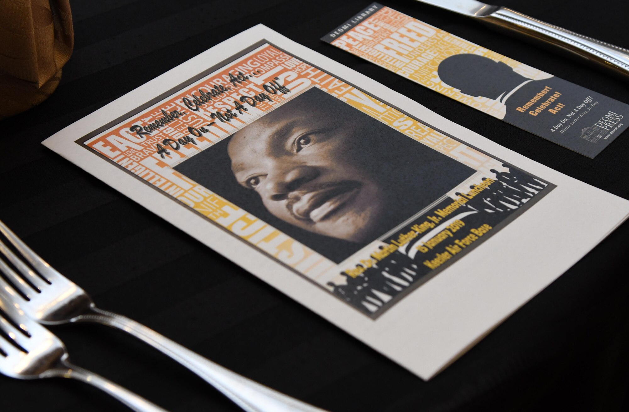 An event program is on display at the annual Dr. Martin Luther King Jr. Memorial Luncheon at the Bay Breeze Event Center on Keesler Air Force Base, Mississippi, Jan. 15, 2019. The 81st Training Wing and Wing Staff Agencies hosted the event honoring King's legacy and his efforts to inspire civil rights activism within the African-American community. He is widely regarded as America's pre-eminent advocate of nonviolence and one of the greatest nonviolent leaders in world history. (U.S. Air Force photo by Kemberly Groue)