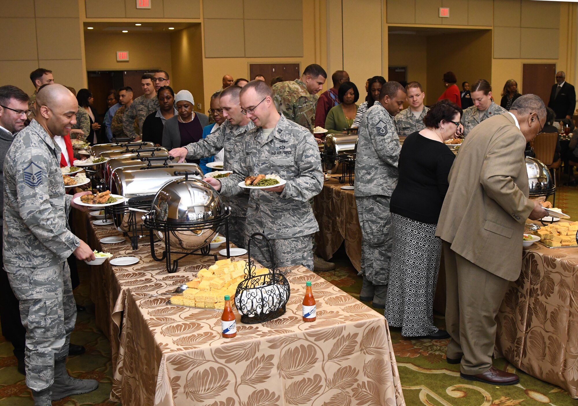 eesler personnel attend the annual Dr. Martin Luther King Jr. Memorial Luncheon inside the Bay Breeze Event Center at Keesler Air Force Base, Mississippi, Jan. 15, 2019. The 81st Training Wing and Wing Staff Agencies hosted the event honoring King's legacy and his efforts to inspire civil rights activism within the African-American community. He is widely regarded as America's pre-eminent advocate of nonviolence and one of the greatest nonviolent leaders in world history. (U.S. Air Force photo by Kemberly Groue)