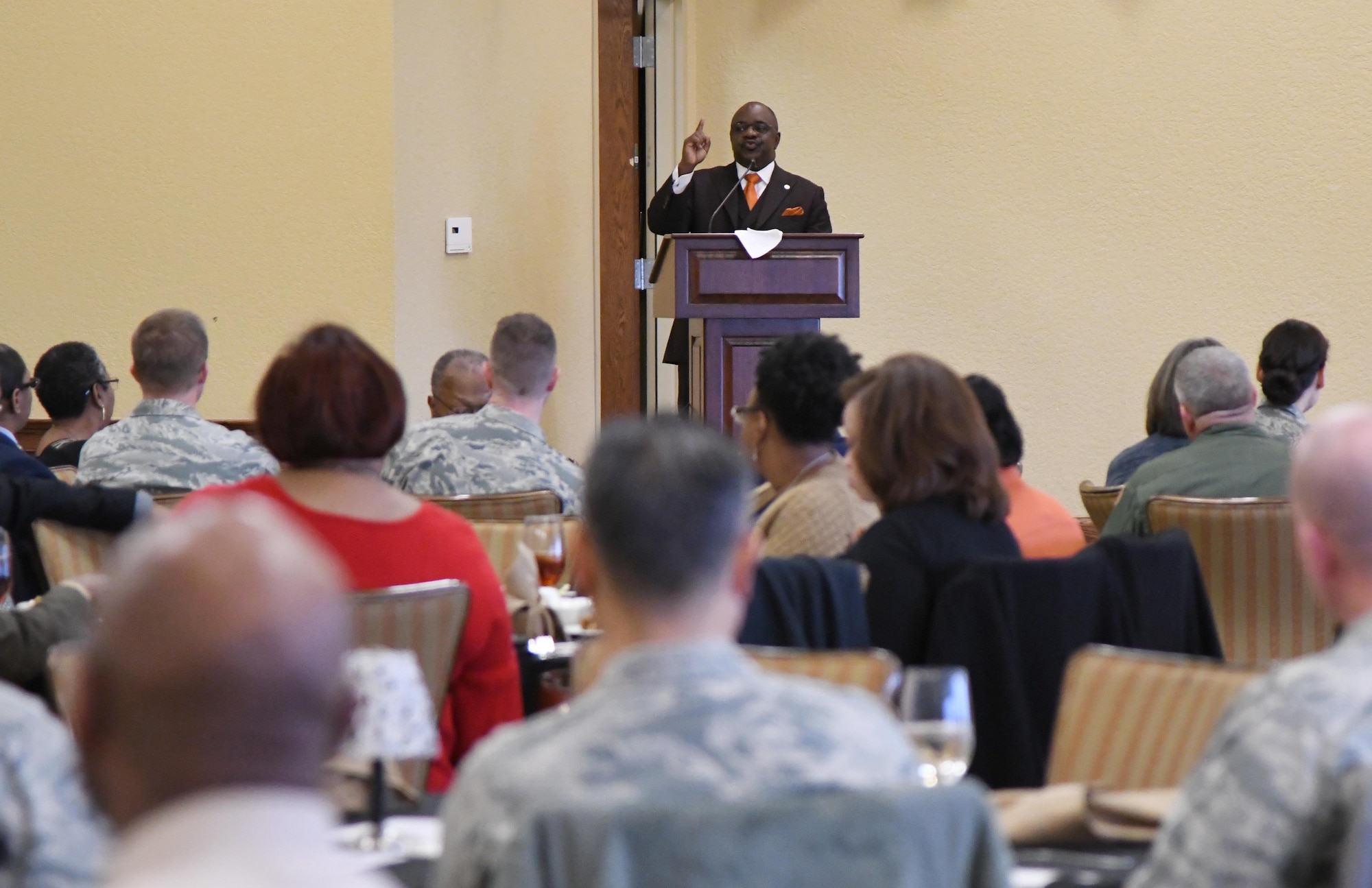 Reverend Dr. Kenneth M. Davis, speaks at the annual Dr. Martin Luther King Jr. Memorial Luncheon inside the Bay Breeze Event Center at Keesler Air Force Base, Mississippi, Jan. 15, 2019. The 81st Training Wing and Wing Staff Agencies hosted the event honoring King's legacy and his efforts to inspire civil rights activism within the African-American community. In 1994, Congress designated the Martin Luther King Jr. Federal Holiday a national day of service and charged the Corporation for National and Community Service with leading the effort. (U.S. Air Force photo by Kemberly Groue)