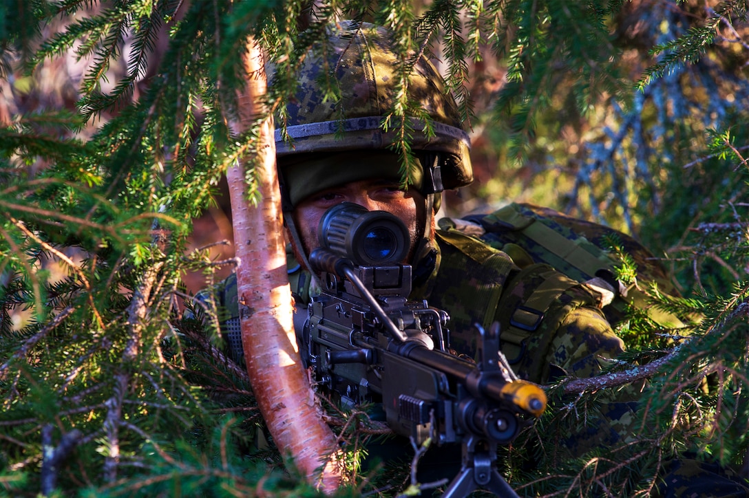 A soldier in camouflage aims his rifle through some foliage.