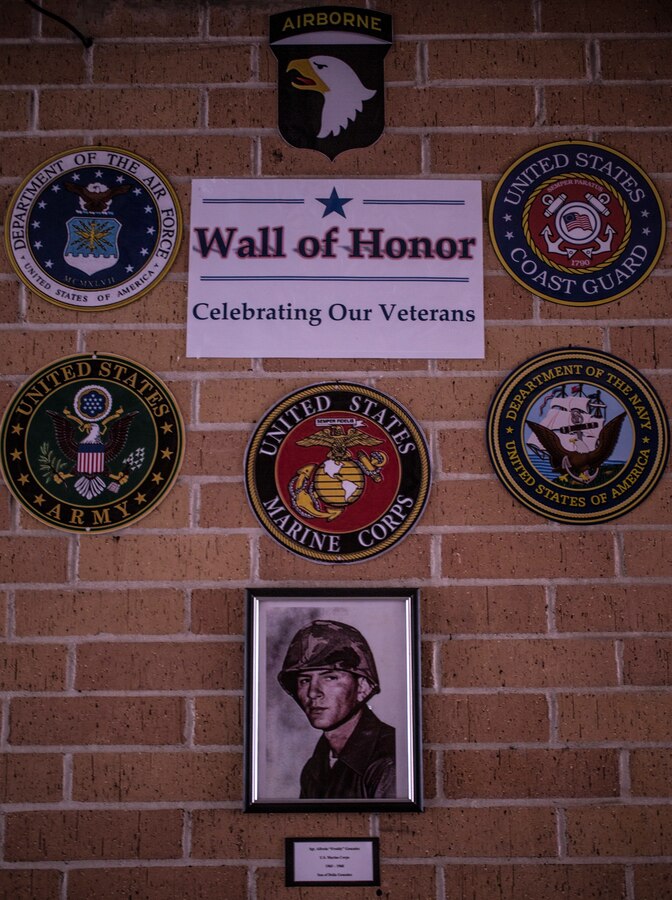 A Wall of Honor is displayed during the Medal of Honor flag presentation to Sgt Alfredo Cantu Gonzalez’s mother, Dolia Gonzalez, at the Freddy Gonzalez Elementary school in Edinburg, Texas, Jan. 14, 2019. Gonzalez served two tours in the Vietnam War and was killed Feb. 4, 1968. Dolia Gonzalez was presented the Medal of Honor flag awarded to her son, Sgt. Alfredo Cantu Gonzalez, Jan. 14, 2019. (U.S. Marine Corps photo by Cpl. Tessa D. Watts)