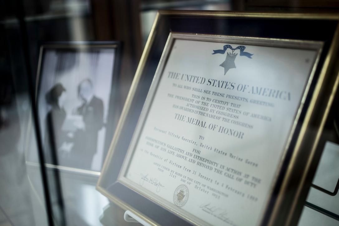 Sgt. Alfredo Cantu Gonzalez’s Medal of Honor certificate is displayed in the main office of the Freddy Gonzalez Elementary school in Edinburg, Texas, Jan. 14, 2019. In October 1969, Gonzalez’s mother, Dolia Gonzalez, was presented the Medal of Honor, awarded to her son for his heroic actions in the Battle of Hue City during the Vietnam War. (U.S. Marine Corps photo by Cpl. Tessa D. Watts)