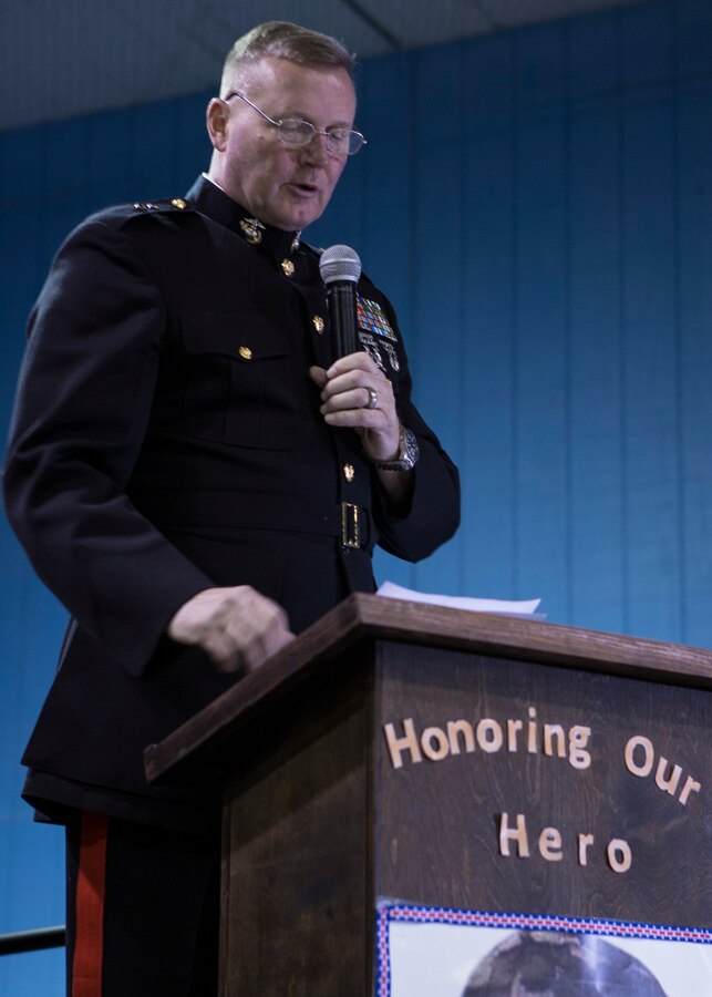 Maj. Gen. Bradley S. James, commander of Marine Forces Reserve and Marine Forces North, speaks during the Medal of Honor flag presentation ceremony at the Freddy Gonzalez Elementary school in Edinburg, Texas, Jan. 14, 2019. Dolia Gonzalez was presented the Medal of Honor flag on behalf of her son, Sgt. Alfredo Cantu Gonzalez, Jan. 14, 2019. (U.S. Marine Corps photo by Cpl. Tessa D. Watts)