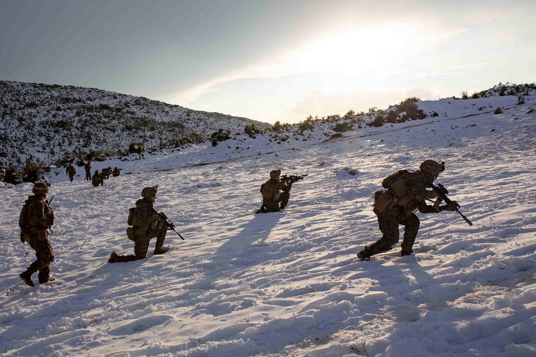 Four Marines  point guns on a snowy hill.